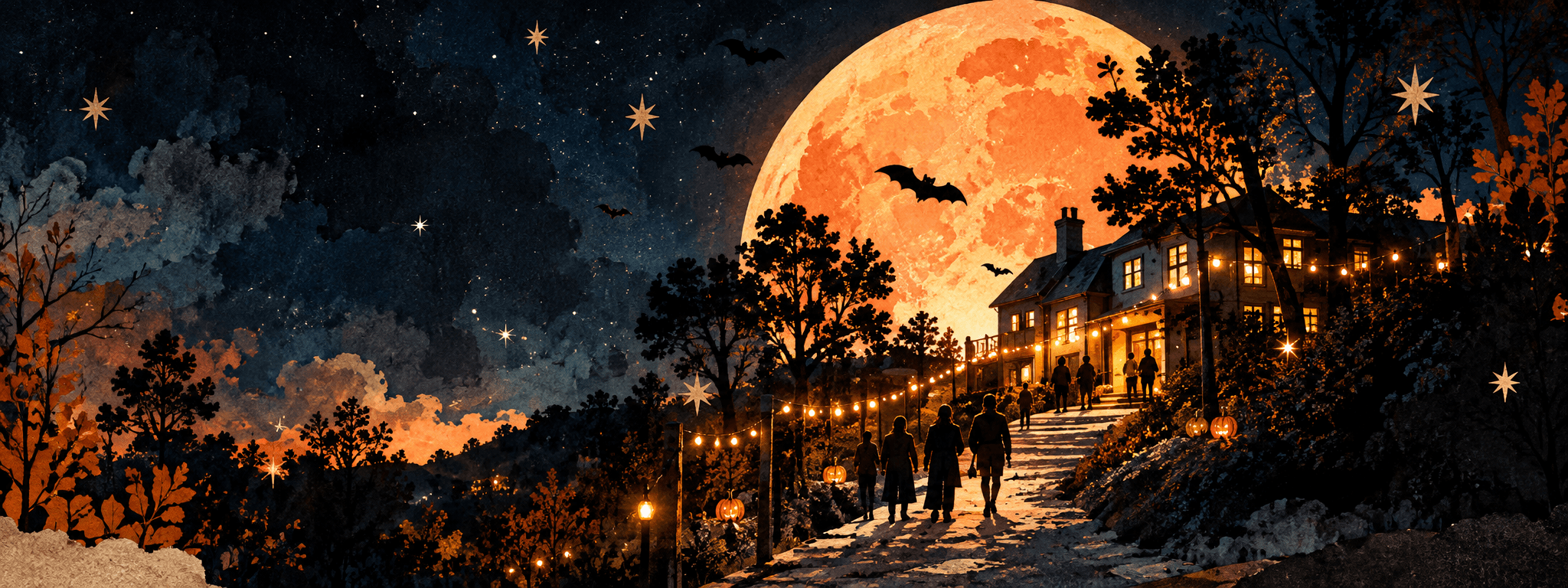 Halloween on the Hill — a full moon rises over a lantern-lit path on Emily Hill